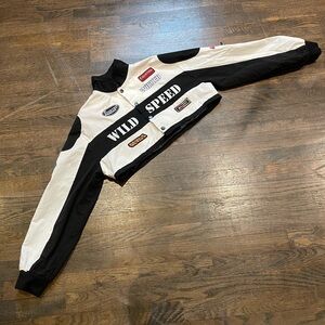 Size S Edikted black and white Lenni patch cropped Wild Speed long sleeve jacket